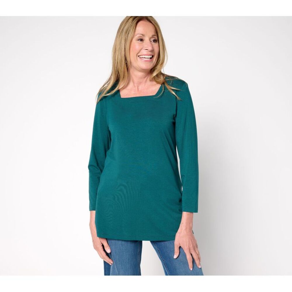 Denim & Co. Women's Top Petite 2XP Essentials So Soft Jersey Tunic Green A692557